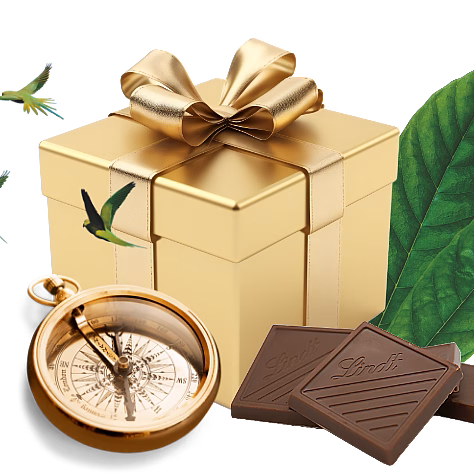 Collage of a gift wrapped in golden paper, decorated with green leaves, chocolate and a golden compass.